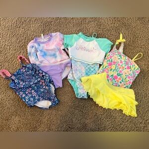 Girls Swimsuit Bundle Size 5/6-6x Mermaid Floral Rash Guard Skirted 4 Piece Lot
